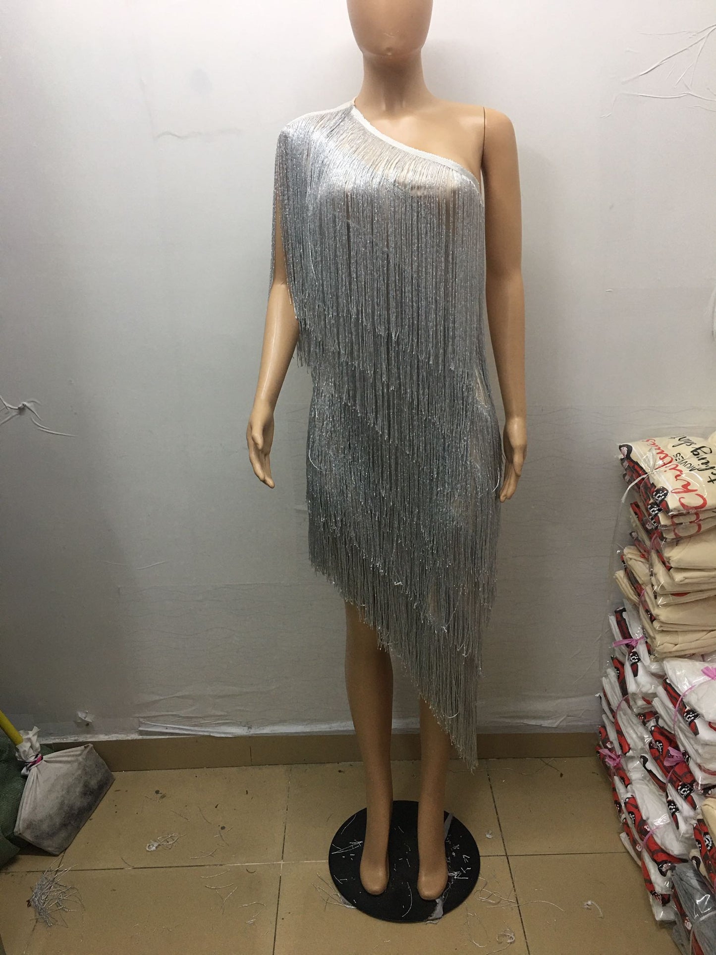 One Shoulder Fringe Tassels Asymmetrical Dress