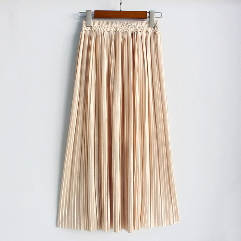 Satin Loose Pleated Solid Color High Waisted Maxi Skirt