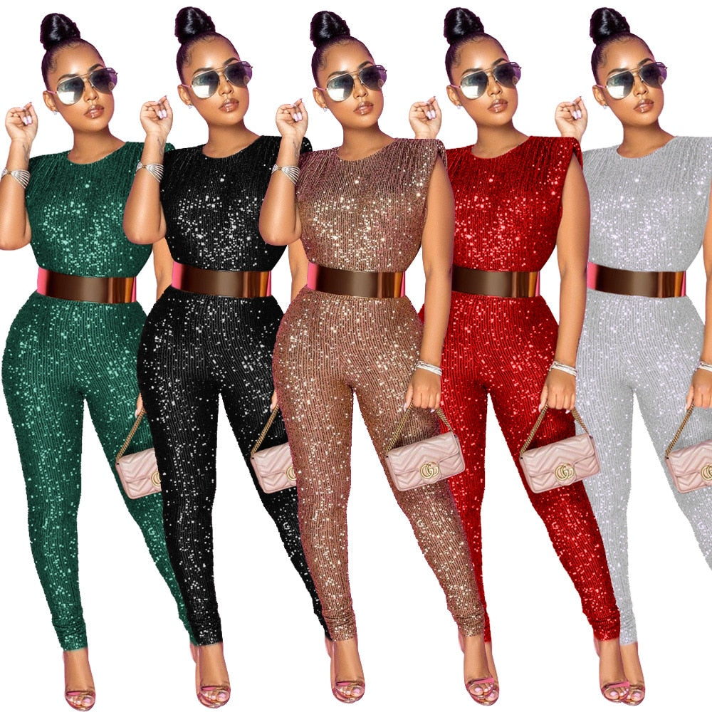 Sequin Glitter O-Neck Women's Sleeveless/Long Sleeve Bandage Jumpsuit w/ Belt to 5X