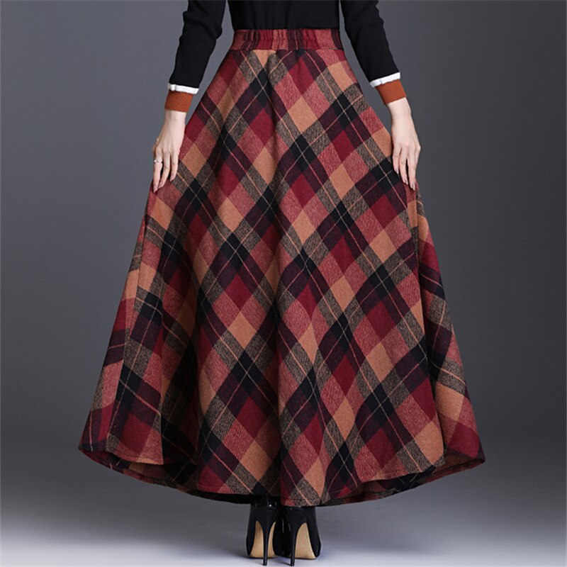 Wool Plus Size Plaid Pleated A-Line Maxi Tartan Skirt