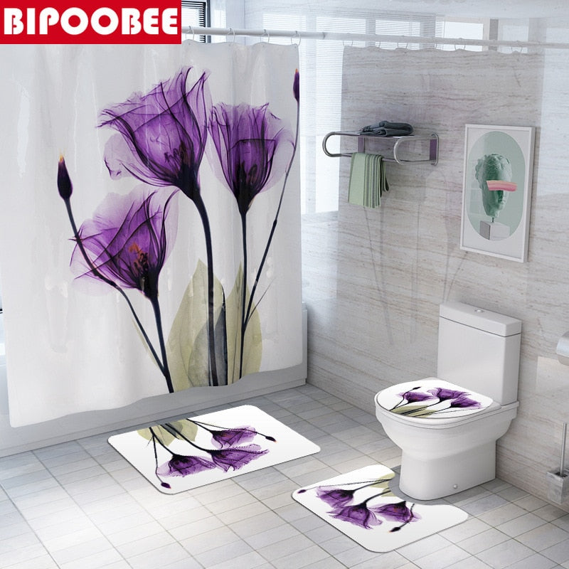 Tulip Lotus Flowers Trees Shower Curtain Sets Non-Slip Rugs Toilet Lid Cover and Bath Mat Waterproof Shower Curtain