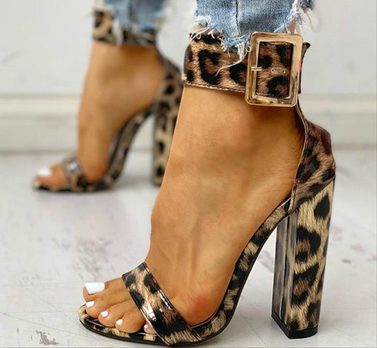 Leopard/Snakeskin/Floral Open Toe Ankle Buckled Sandals Chunky Heeled Sandals