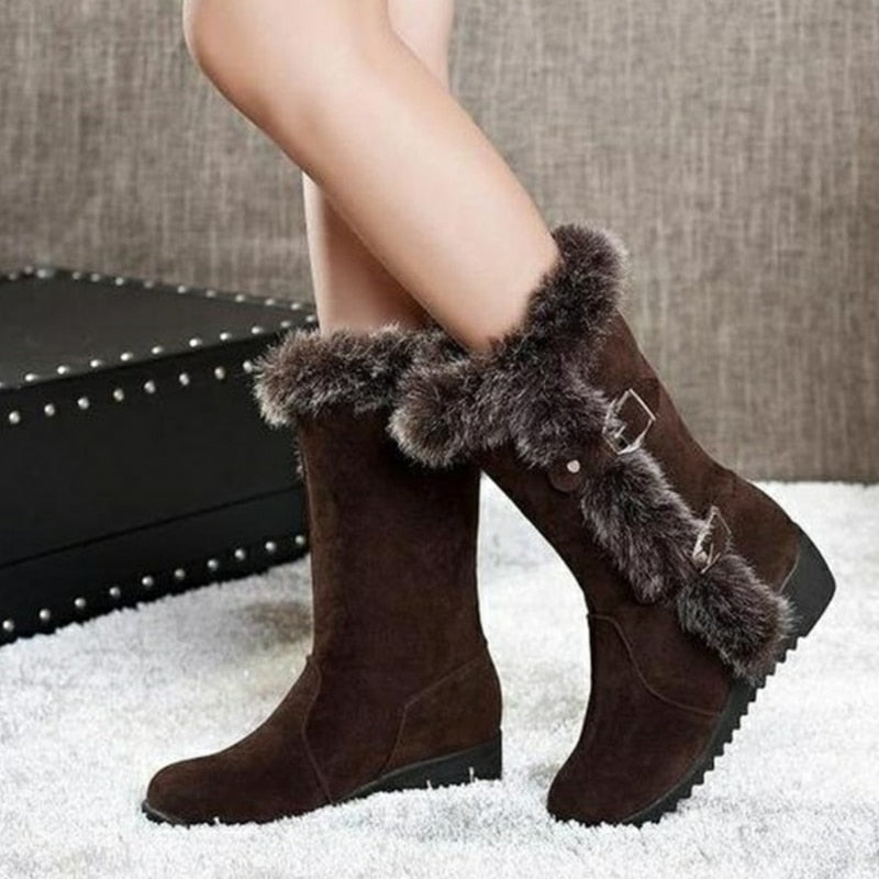 Faux Fur Mid-Calf Round Toe Flat Snowboots