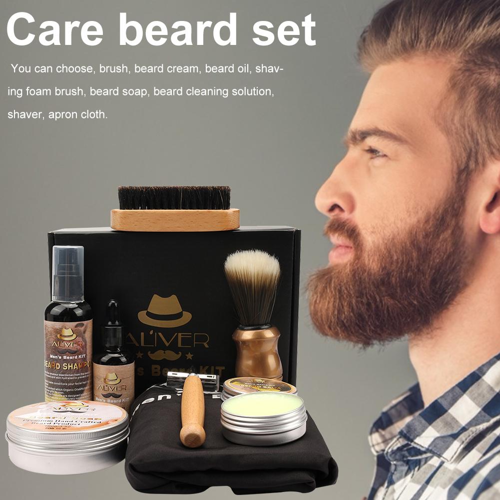 Men Beard Kit Styling Tool Beard Essence Oil Comb Brush With Apron Cloth Moustache Balm Moisturizing Wax Styling Beard Care Set