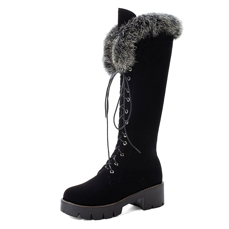 Lace-up Fur Knee High Suede Snowboots