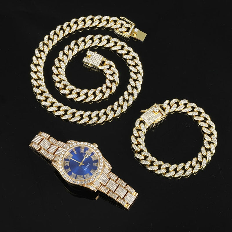 3-Piece Hip Hop/Rock Jewelry Sets: Bling Crystal AAA+ Rhinestone Iced Out Cuban Chain, Colored Watch + Bracelet