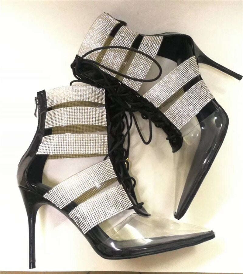 Jeweled Rhinestone Gladiator High Heels Pointed Toe Cross-Tied Cut Out Ankle Boots