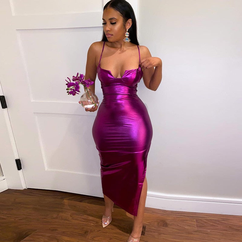 Metallic Faux Leather Purple Spaghetti Strap Bodycon Side Split Maxi Dress