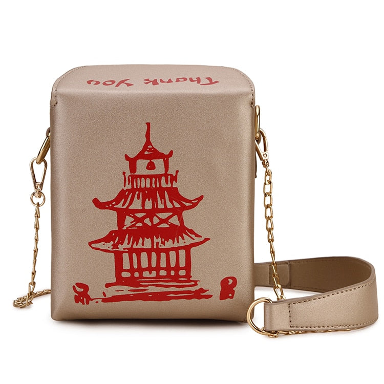 Chinese Takeout Box PU Leather Bucket Crossbody Purse