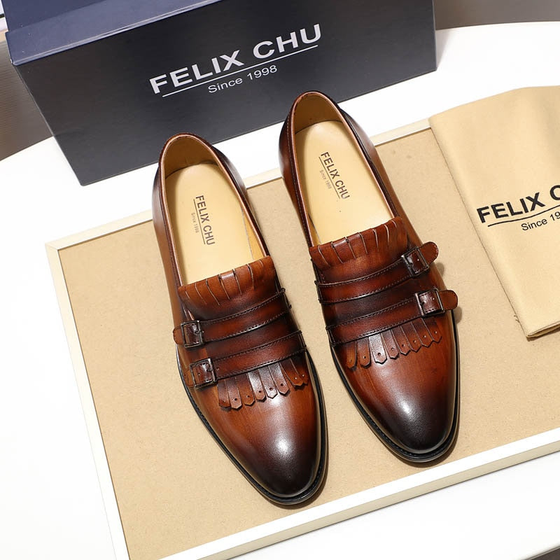 Men's Tassel Buckle Monk Strap Genuine Leather Dress Loafer Shoes