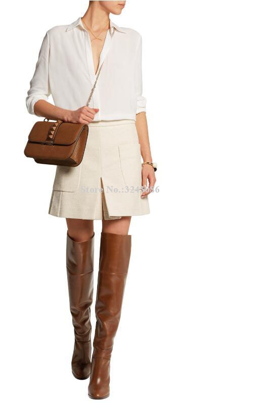 Auburn Brown Leather Chunky Heel Over the Knee Boots