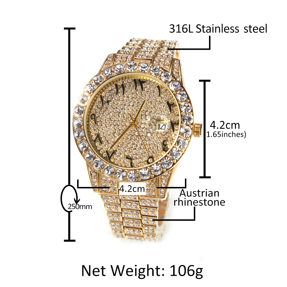 Rhinestone Geometric Hip-Hop Big Dial Full Iced Out Arabic Numerical Stainless Steel Quartz Watch