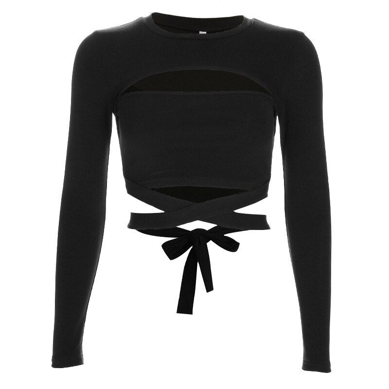 Ladies Black Long Sleeve Crop Criss Crop Top