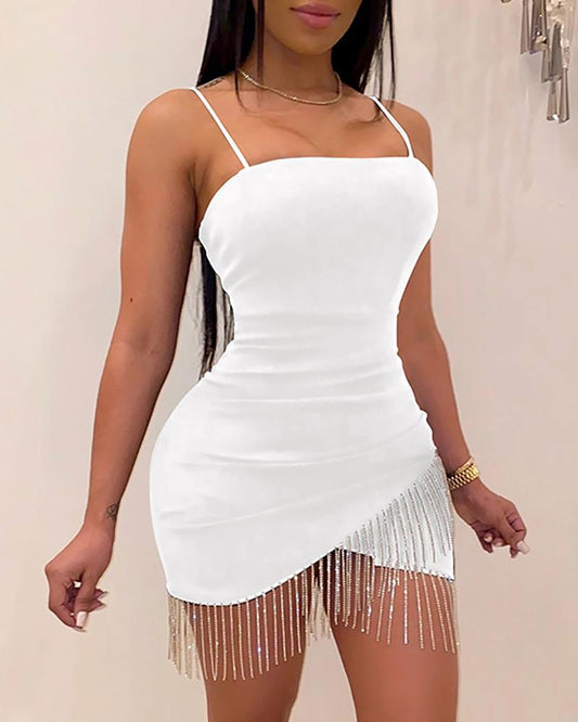 Tassel Hem Detail Cross Split Solid Color Sleeveless Spaghetti Strap Bodycon Suspender Mini Dress