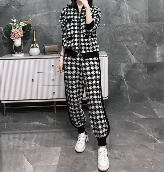 Women's Knitted Houndstooth Zipper Plaid Cardigan Sweater + Sweatpants 2-Piece Set