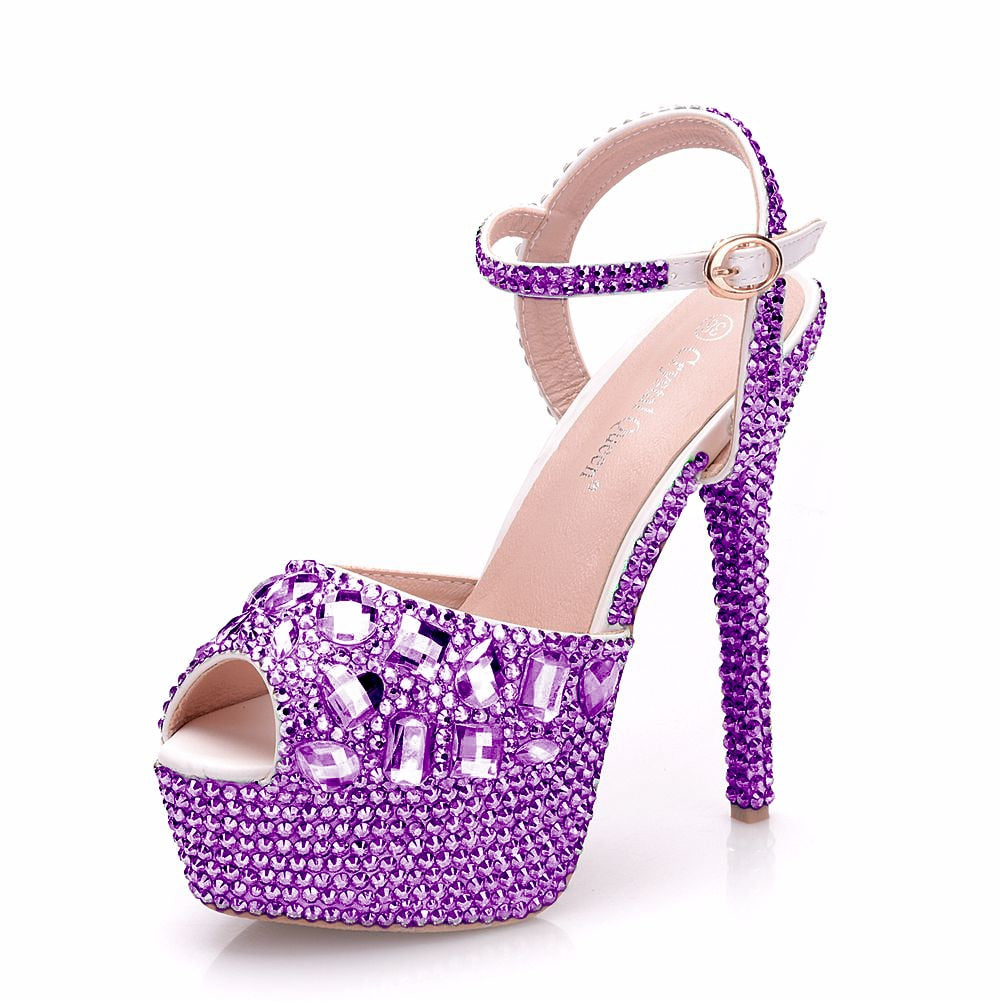 Rhinestone Crystal Peep Toe High Platform Ankle Strap Stiletto Stripper Pumps