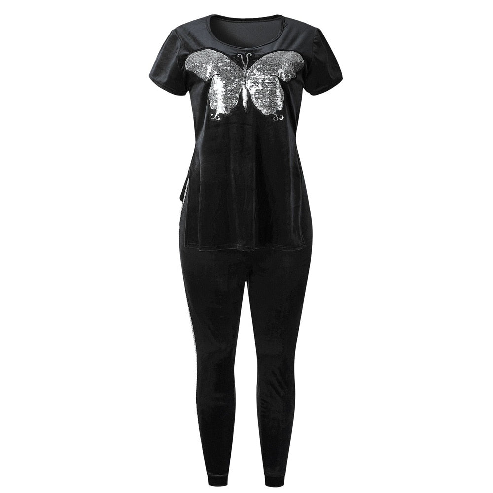 Velvet Metallic Butterfly Embroidered Short Sleeve Top & Side Striped Skinny Pants 2-Piece Set to 3X Plus Size