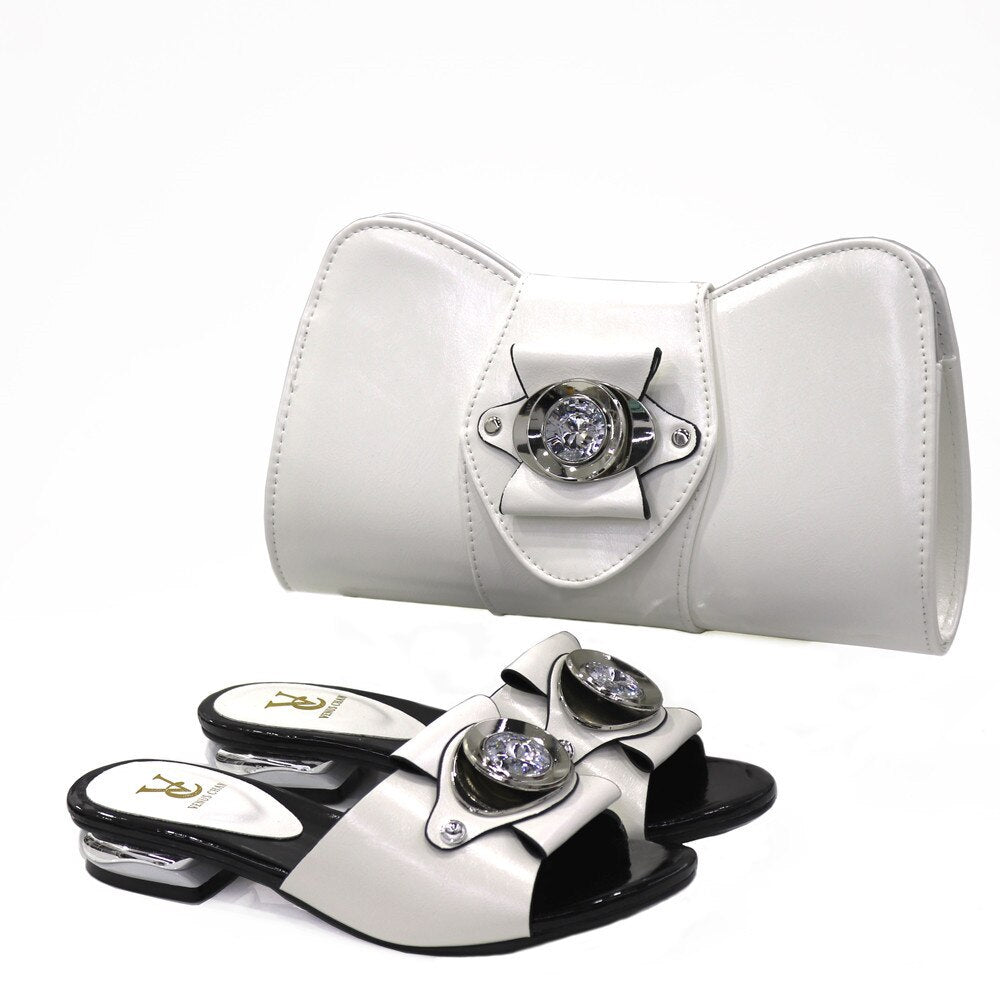 Solid Women's Italian Designer Leather Flat Buckle/Ruched Rhinestone Sandals & Matching Clutch Shoe & Purse Set