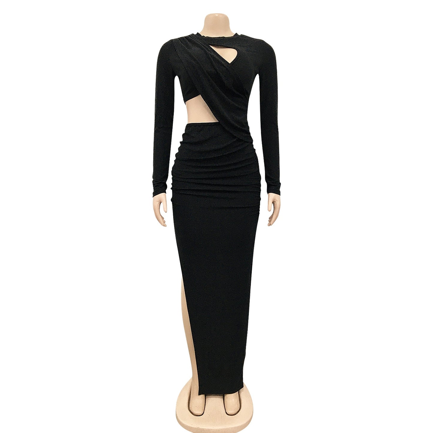 Solid Ruched Long  Sleeve Cut Out O-Neck Long Sleeve High Slit Evening Party Dress