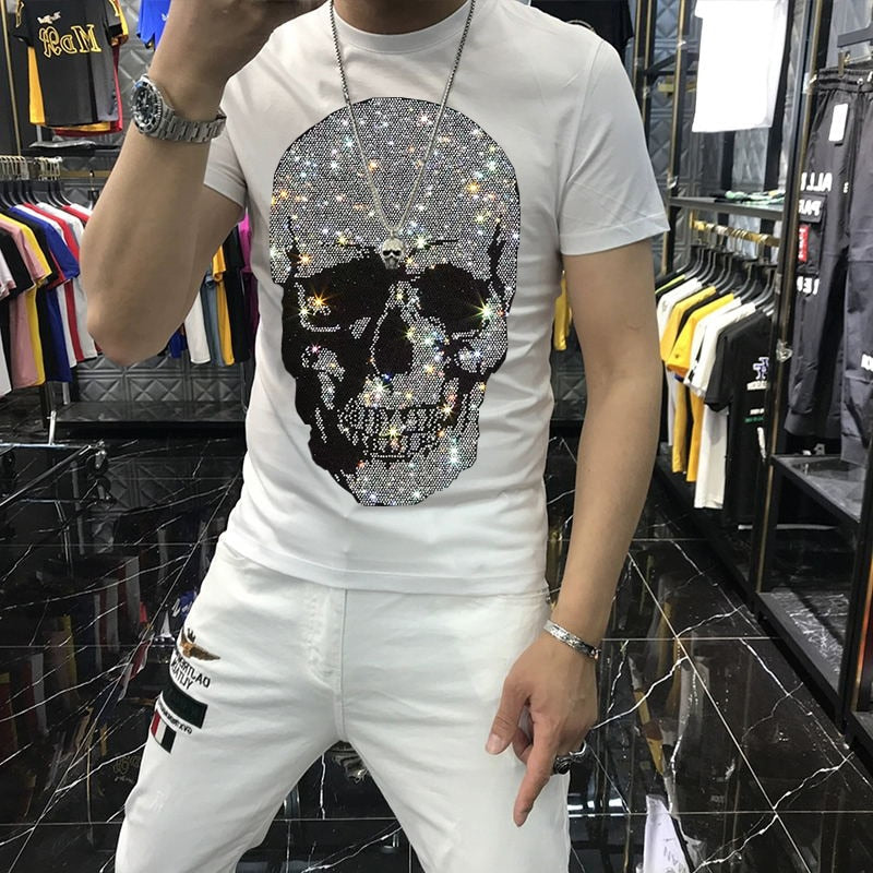 Men's Silver Rhinestone Skull Head Oversized T-Shirt