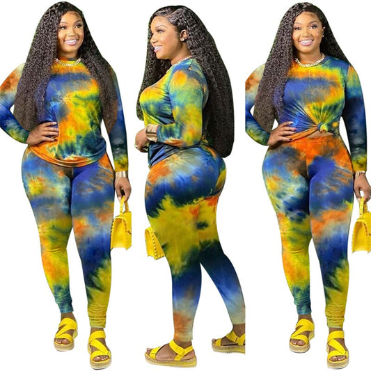 Plus Size Tie-Dye Long Sleeve Top and Legging Pants Set