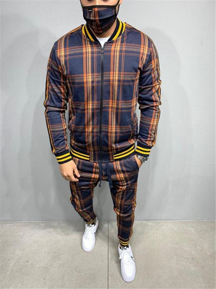 Men's Plaid Printed Faded O-Neck Zipper Jacket +Matching Sweatpants Tracksuit