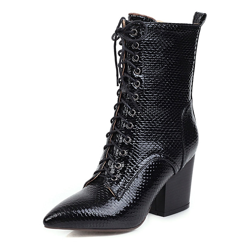 Solid Lace Up Pointed Toe Snake Ankle Strap Zipper Boots