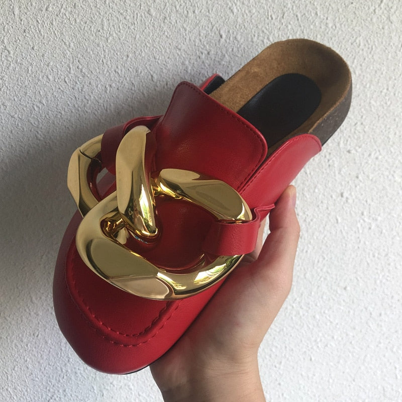 Gold Chain Design Round Toe Slip-On Flat Ladies Mules