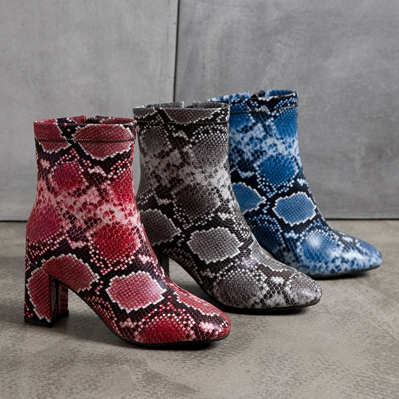 Snake Print Square Heel Ladies Ankle Boots