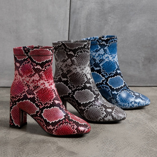 Snake Print PU Leather Square Heel Women's Chelsea Ankle Boots