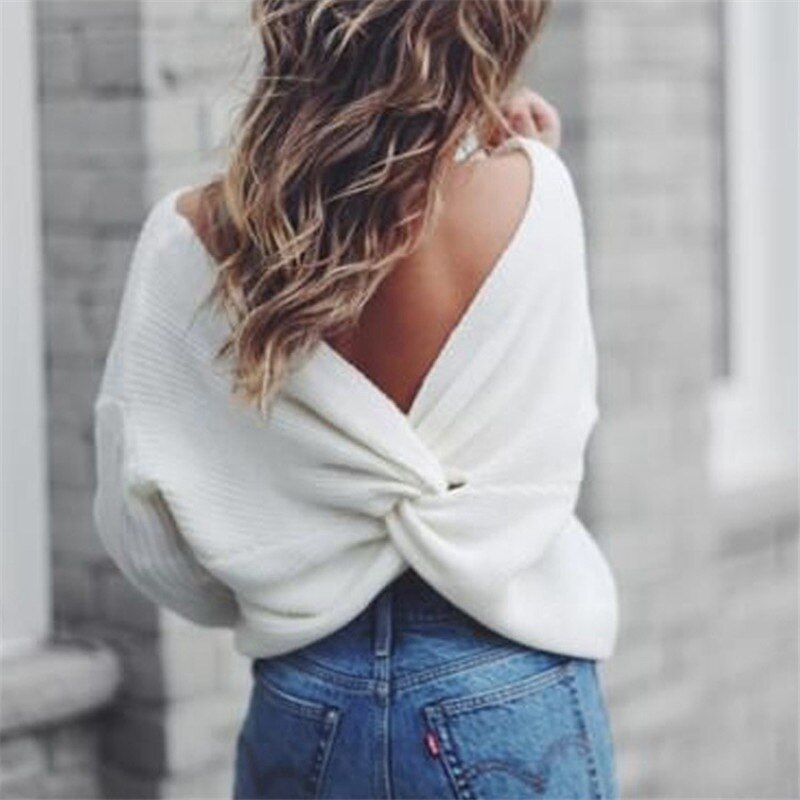 Twist Wrap Back Cross Knot Long Sleeve V-Neck Knitted Sweater