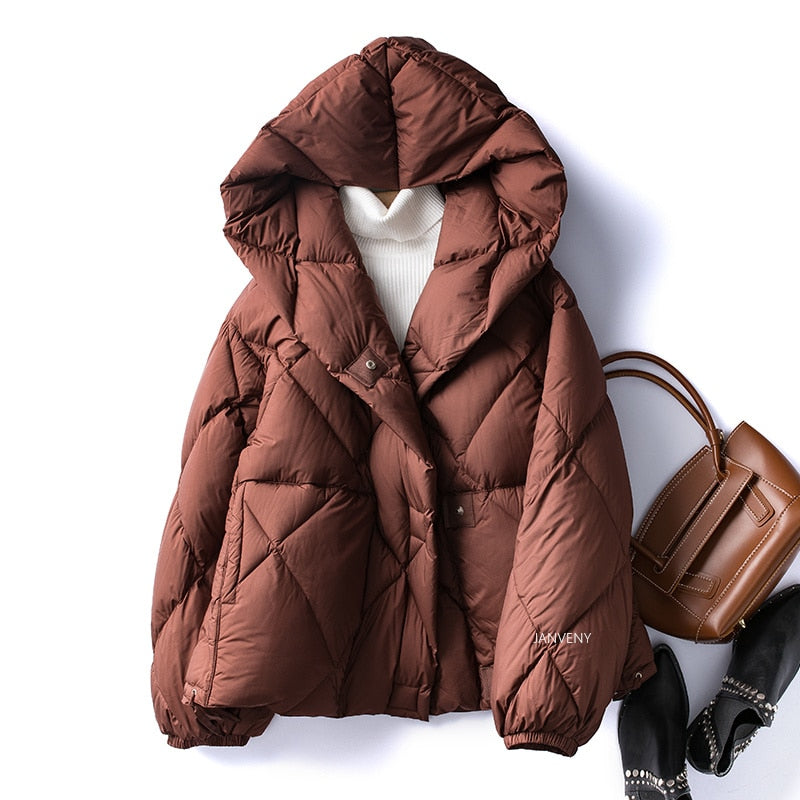 90% Duck Down Short Jacket Women Thick Warm Loose Cocoon Type Hooded Diamond Puffer Jacket