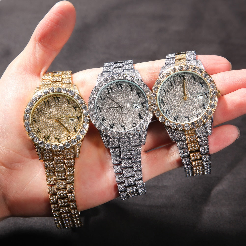 Rhinestone Geometric Hip-Hop Big Dial Full Iced Out Arabic Numerical Stainless Steel Quartz Watch