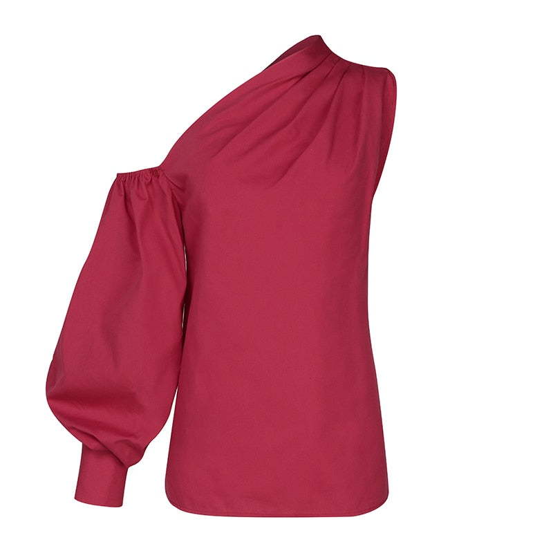 Lantern Sleeve Asymmetrical One Shoulder Loose Blouse