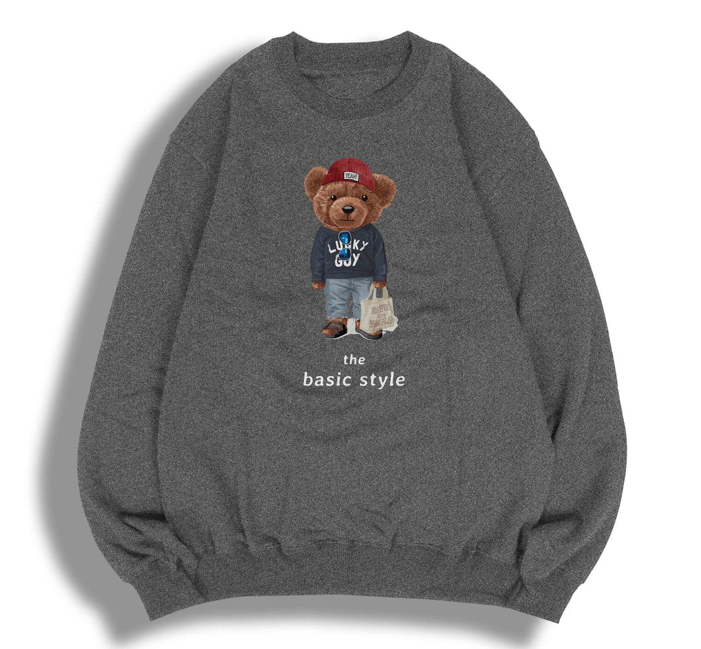 Teddy Bear "The Basic Style" Letter Printed Ladies Crewneck Sweatshirt Long Sleeve