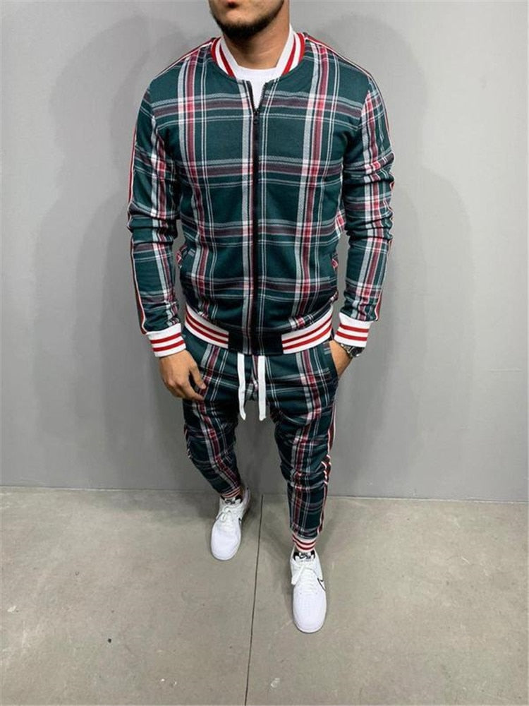 Men's Plaid Printed Faded O-Neck Zipper Jacket +Matching Sweatpants Tracksuit