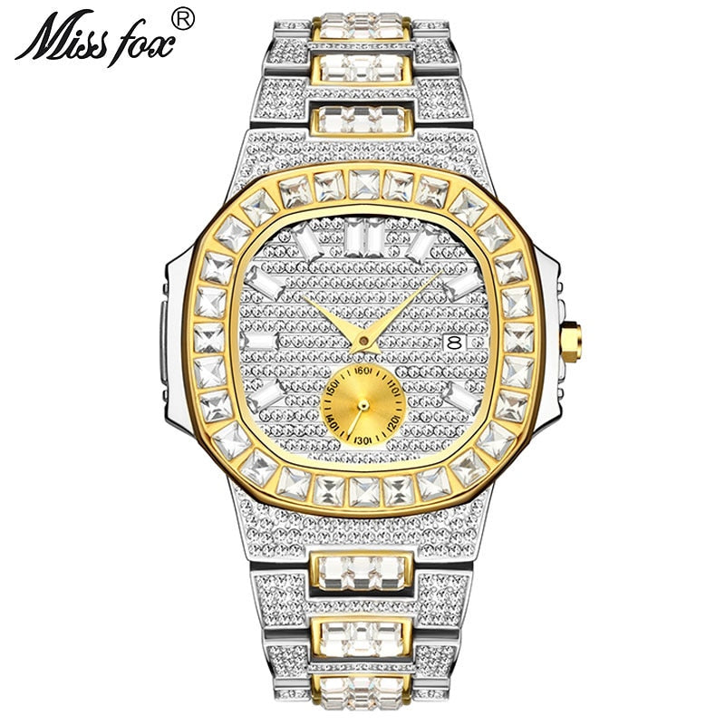 Men's 18K Gold Nano Vaccum Plated Fully Paved Baguette Diamond Waterproof Calendar Watches