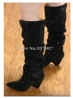 Bling Glitter Rhinestone Spike Heel Crystal Knee High Boots