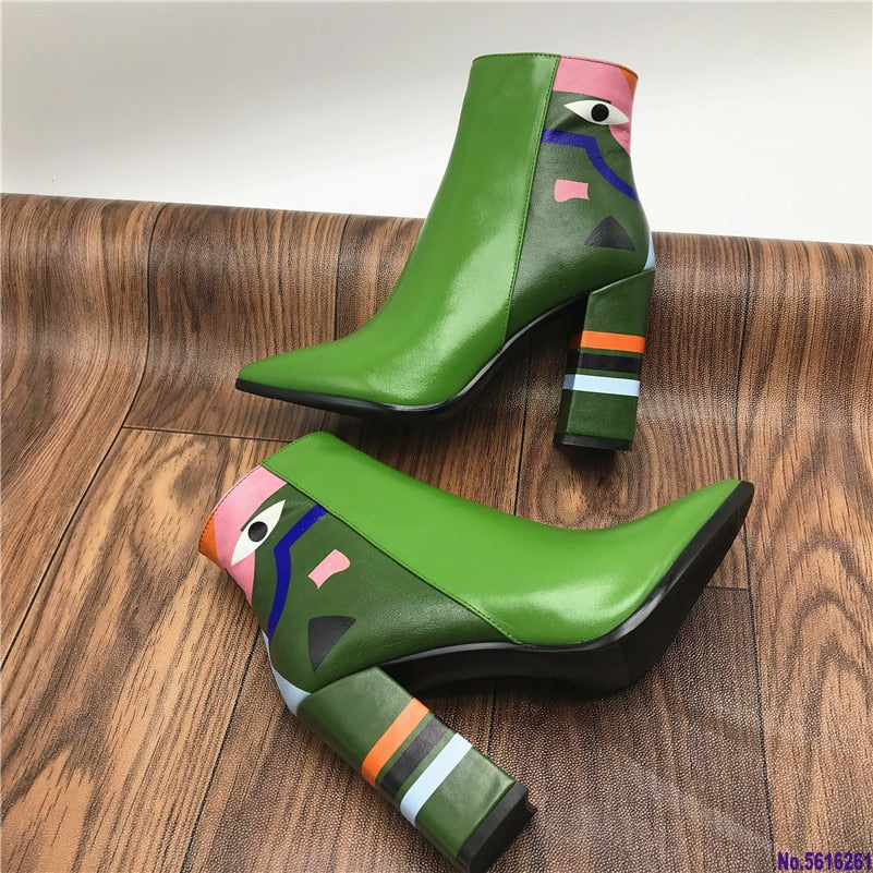 Pastel Colorblock Women's Square Heel Leather Ankle Boots