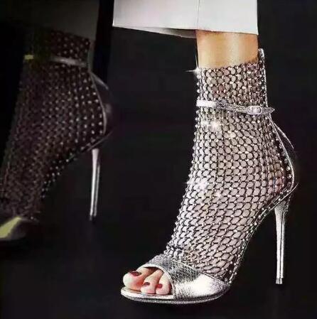 Gladiator Crystal Peep Toe Rhinestone Bling Mesh Ankle Boots