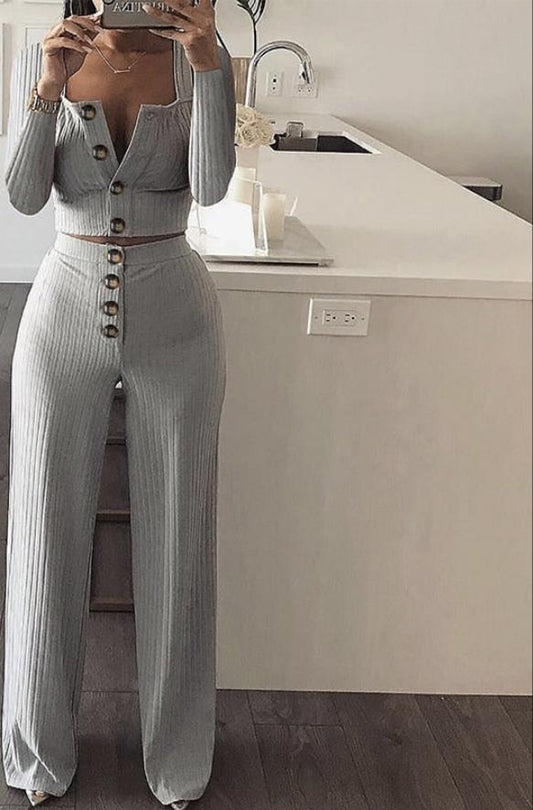 Knitted Strapless Ribbed Solid Color Button Front Long Sleeve Crop Cardigan Top + Button Front Pants 2-Piece Sets