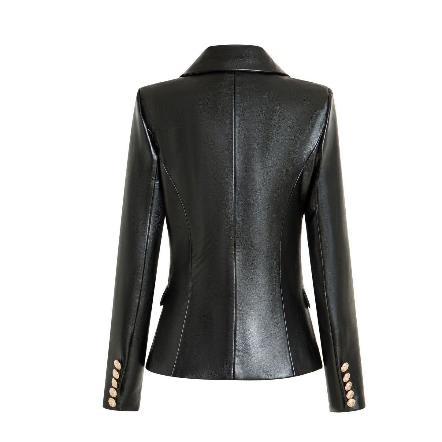 Black PU Leather Double Breasted Gold Button Front Women's Blazer