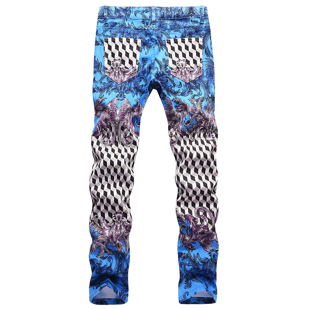 Men's Blue Baroque Print Y2K Plaid Colored Painted Slim Straight Jeans