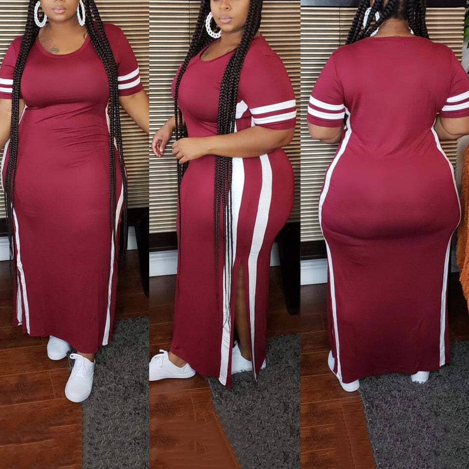 Short Sleeve Solid Side Striped Plus Size High Slit T-Shirt Dress to 5X