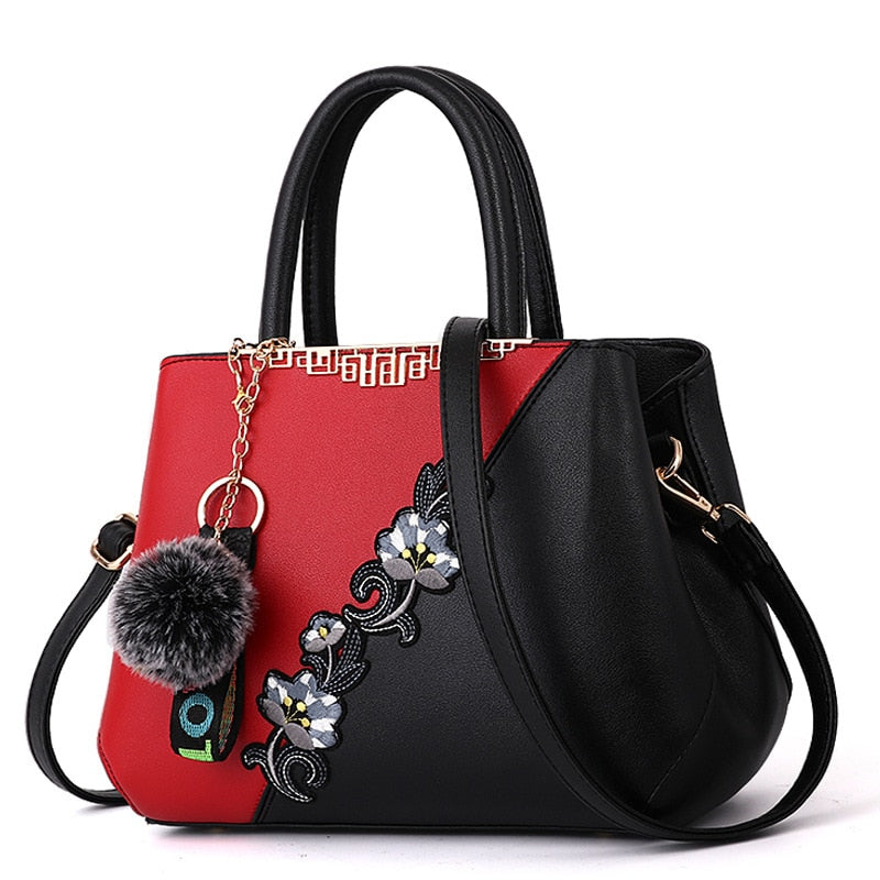 Colorblock Embroidered Messenger Leather Handbag