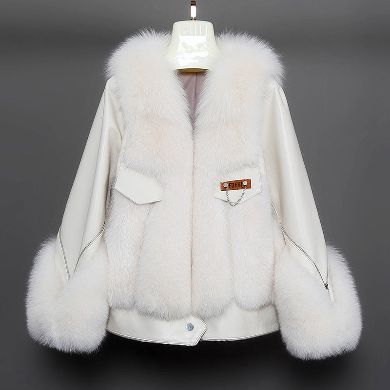 Sheepskin Fox Fur Trim Stitched Ladies Jacket