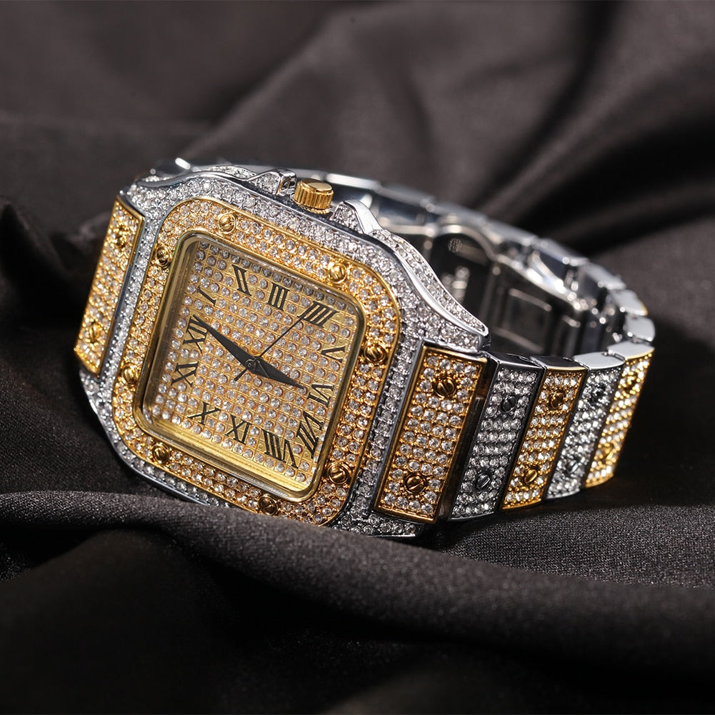 Hip Hop Full Iced Out Full Drill Square Stainless Steel Rhinestones Quartz Square Watch