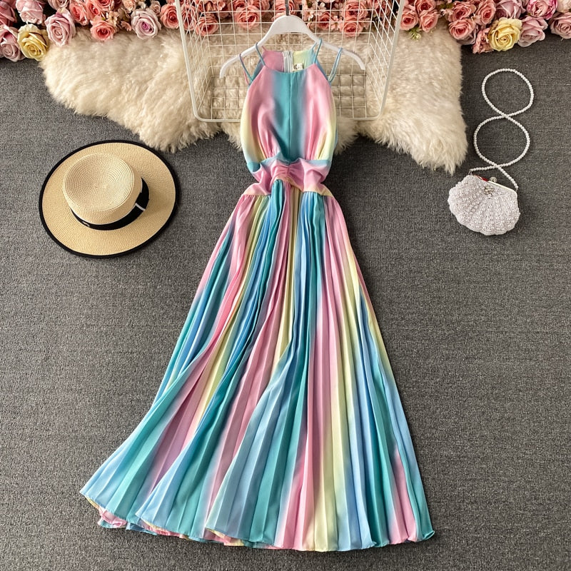 Rainbow Gradient Print Pleated Spaghetti Strap Maxi Dress