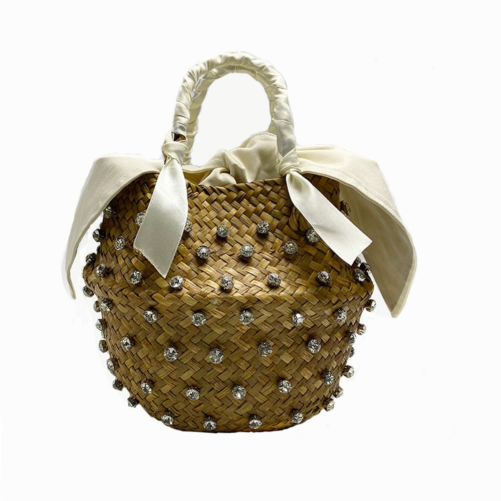 Handmade Crystal Woven Basket Diamond Clutch Straw Bag