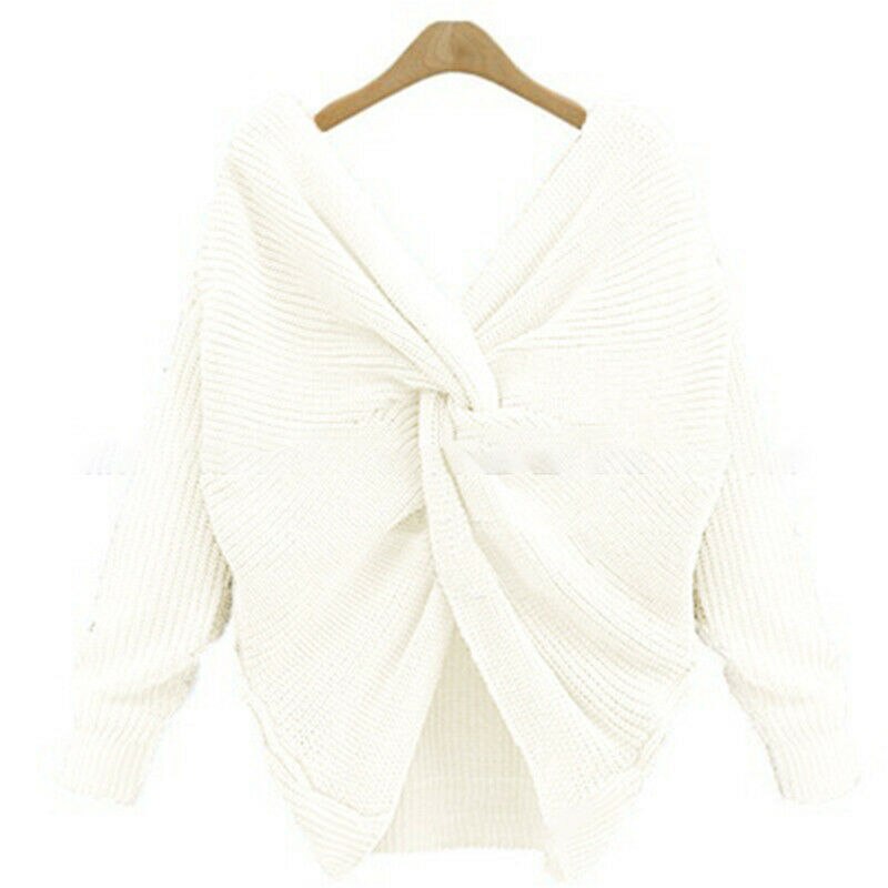 Twist Wrap Back Cross Knot Long Sleeve V-Neck Knitted Sweater